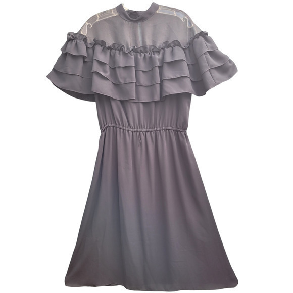 Vintage High Sheer Neck Tiered Ruffle‎ Chest Victorian Style Prom Midi Dress - Picture 1 of 10